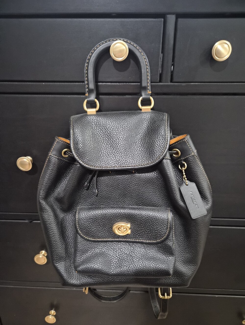 Coach RYA Black Pebbled Leather Backpack with Gold Hardware